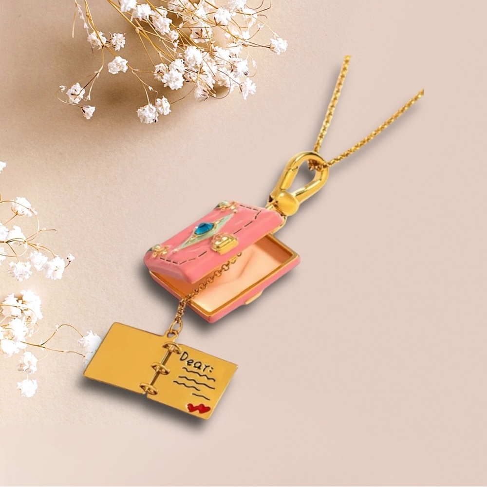 Love Letter Book Openable Locket Bag Charm Pink Enamel Gold Keepsake Womens NEW